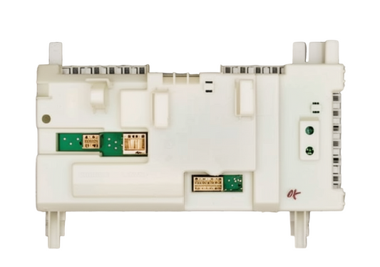 White electronic module with green connectors on a grid background