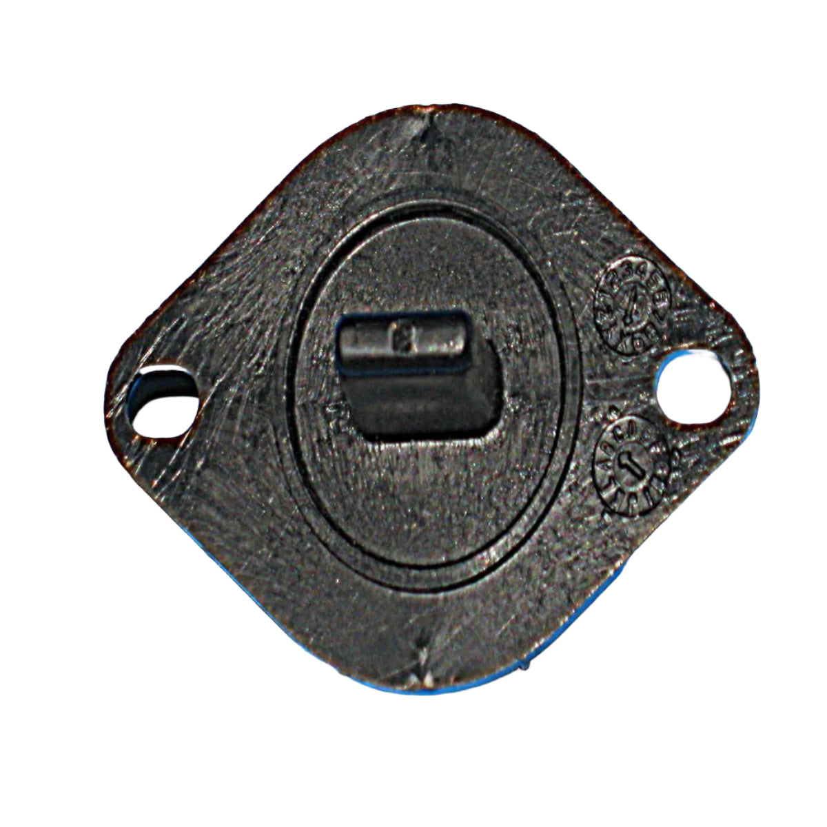 Black metal gasket on a blue background
