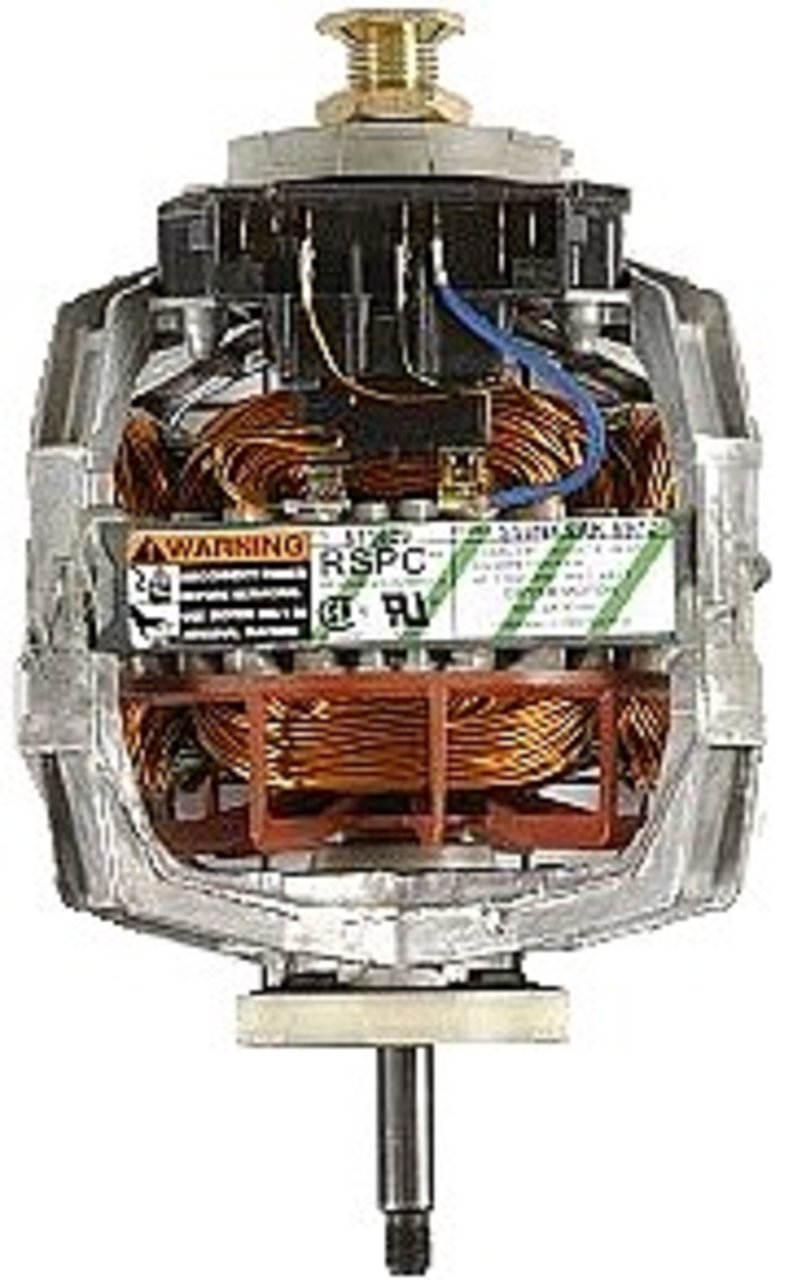 Close-up of a mechanical component with visible wiring and labels on a white background