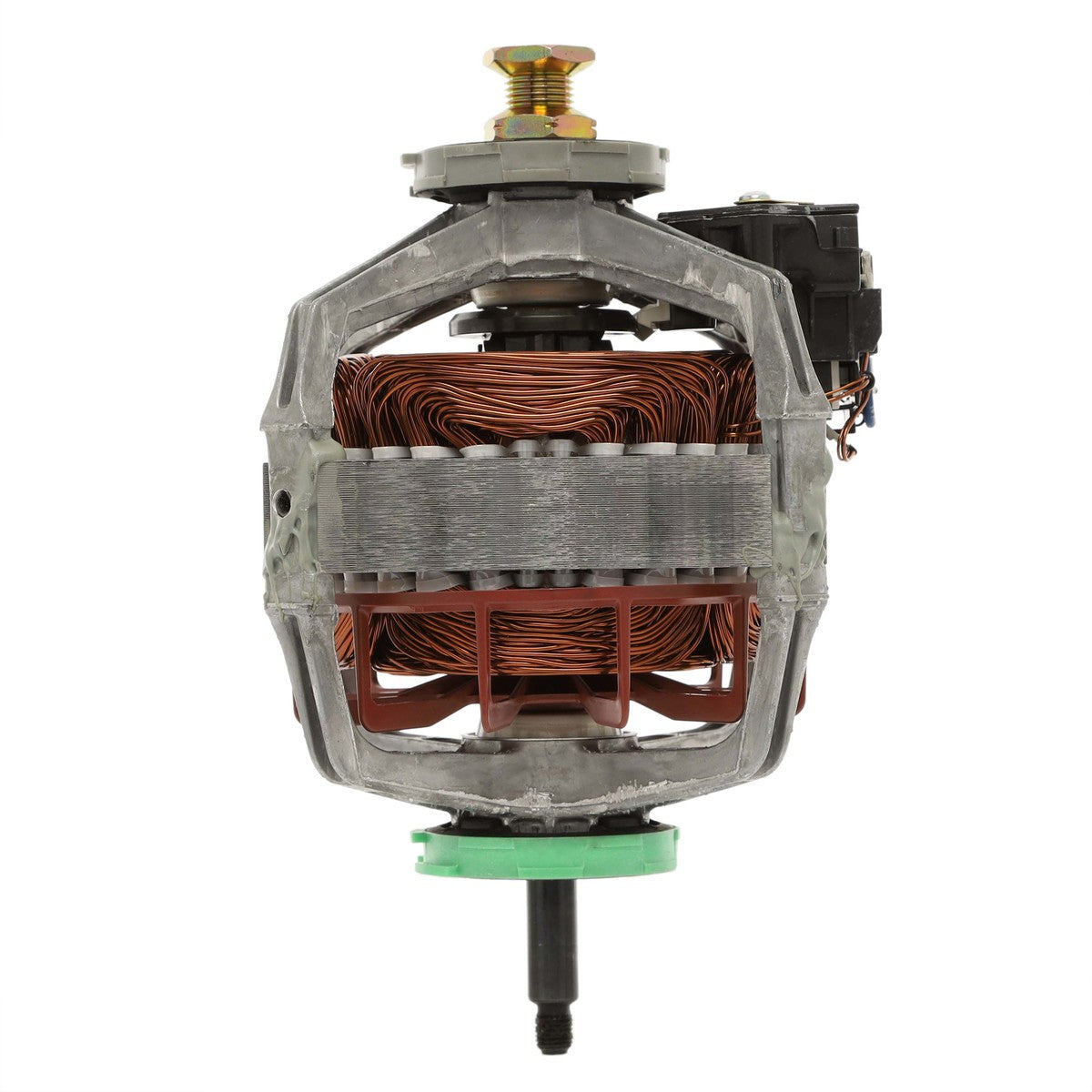 Motor component with copper windings on a white background