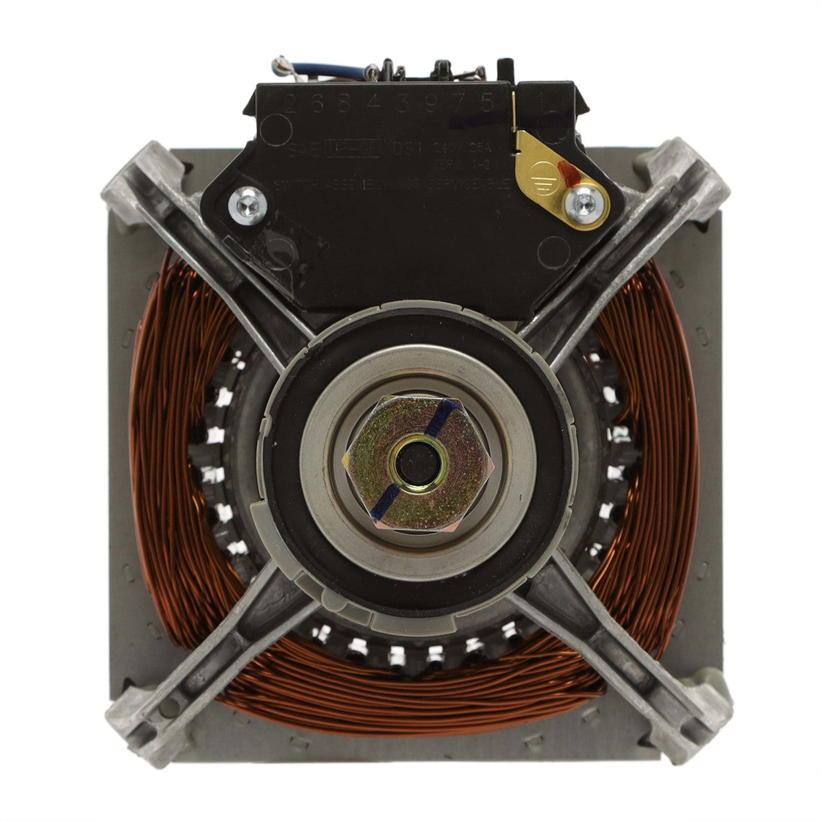 Electrical component with copper windings and metallic structure on a white background