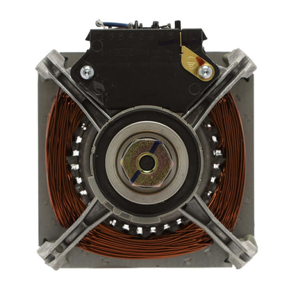 Electrical component with copper windings and metallic structure on a white background