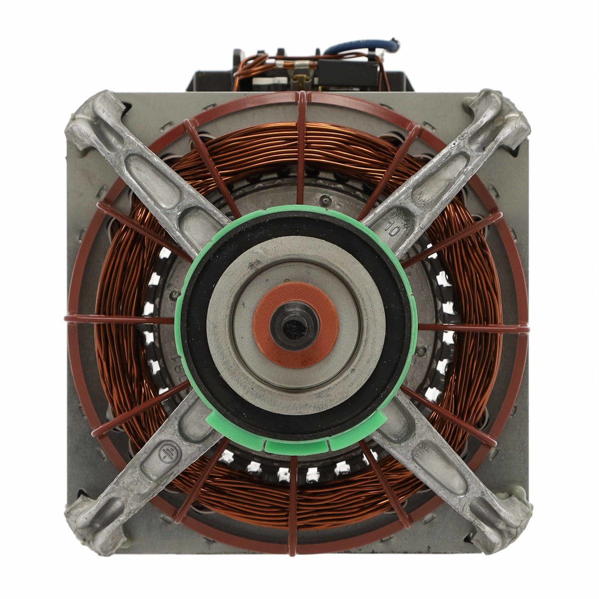 Electrical machine component with copper windings on a white background