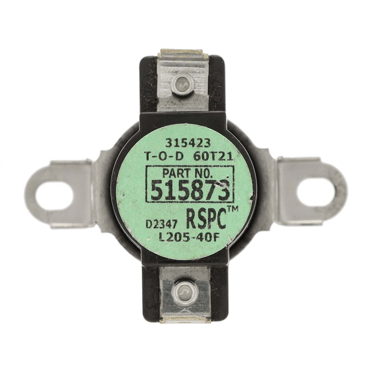 Thermostat switch with green label and metallic contacts on a white background