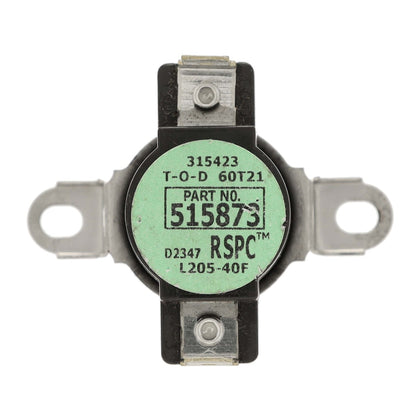 Thermostat switch with green label and metallic contacts on a white background