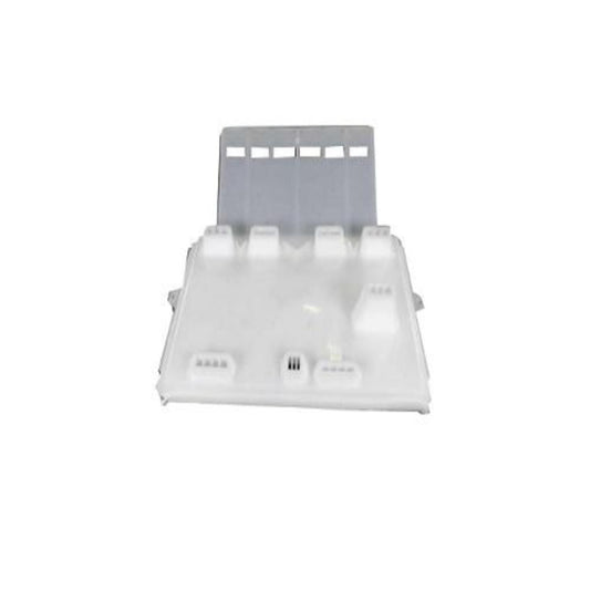 White plastic egg carton with a gray tool on a white background