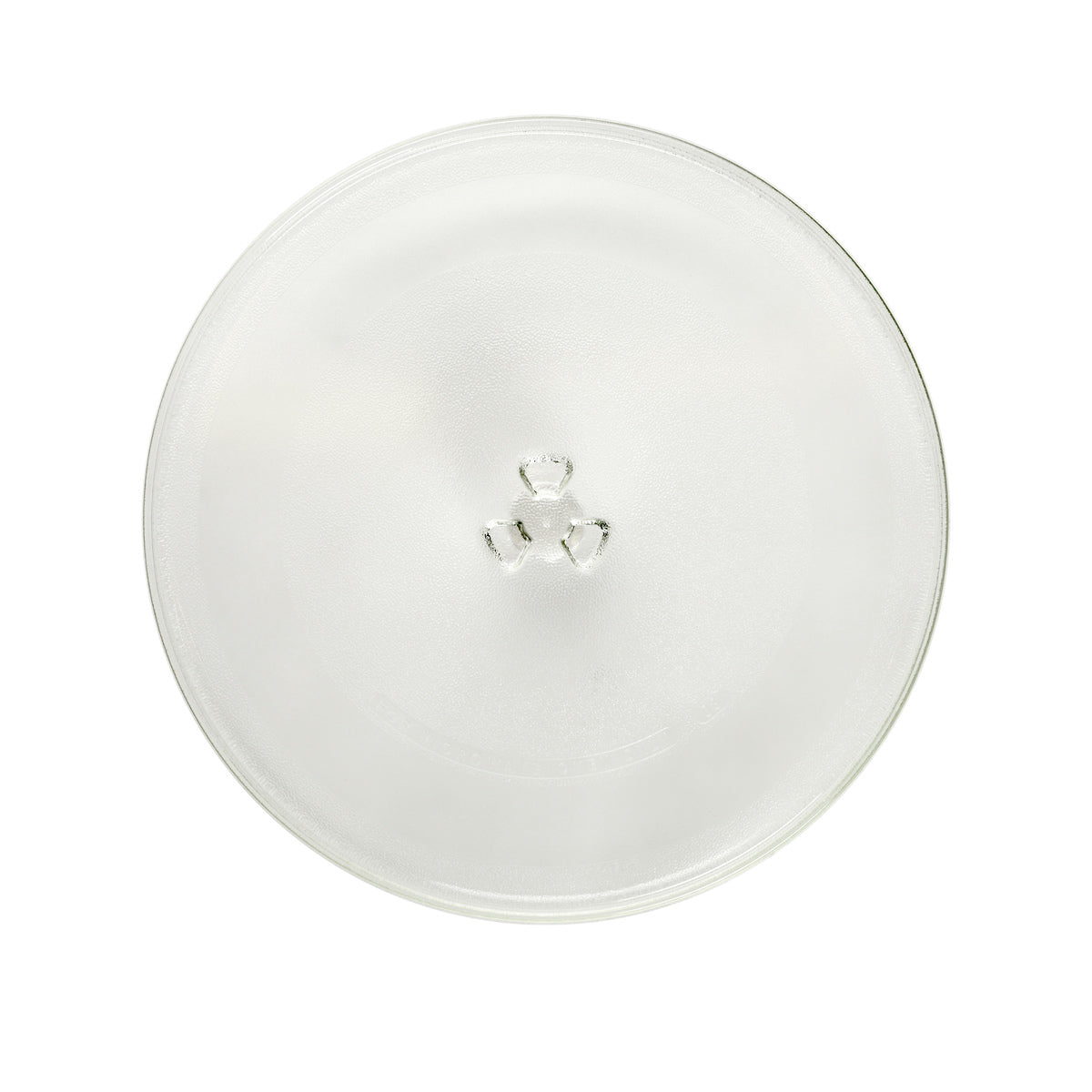 Round white plate with a small decorative emblem on a white background