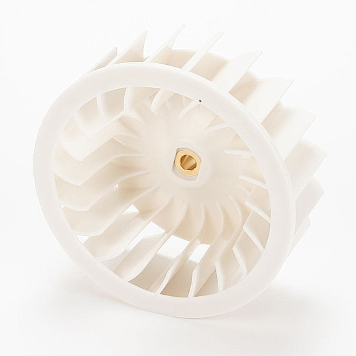 Close-up of a white plastic wheel with a central gold screw on a white background