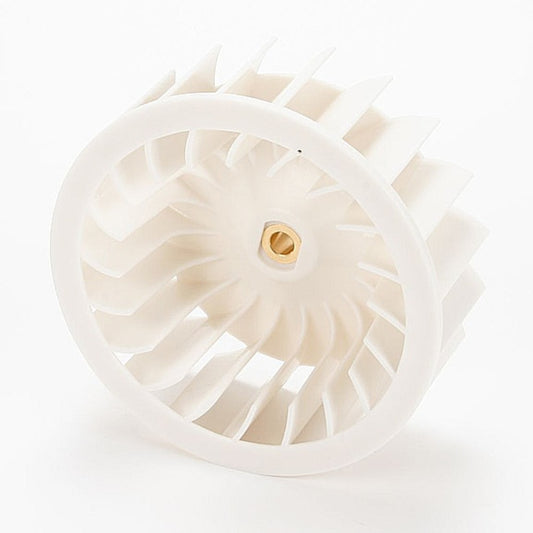 Close-up of a white plastic wheel with a central gold screw on a white background