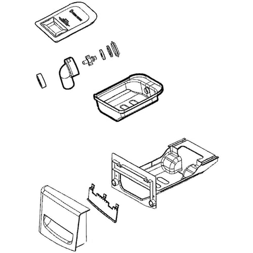 Technical drawing of a boat assembly with various parts on a white background