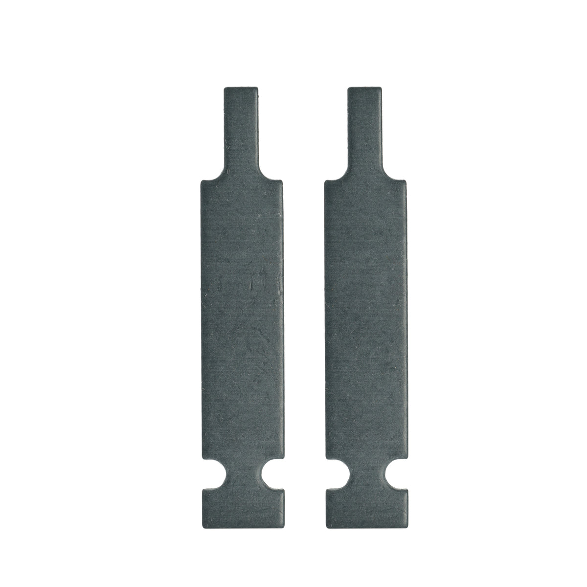Two black metal brackets on a white background