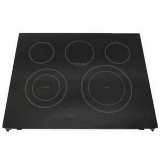Black electric cooktop with five heating elements on a white background