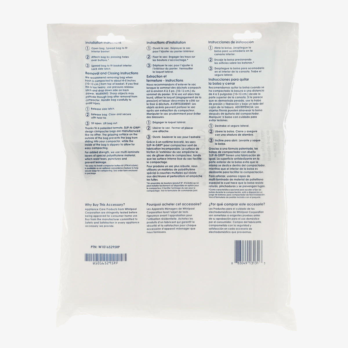W10165295RP 15" White Whirlpool Compactor Bags