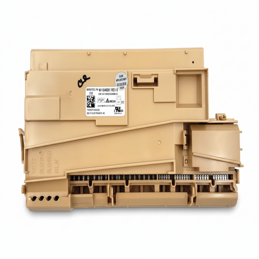 Beige printer cartridge with labels on a white background