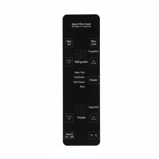 A black water filter reset remote control with white text and symbols, shown vertically against a beige grid background.