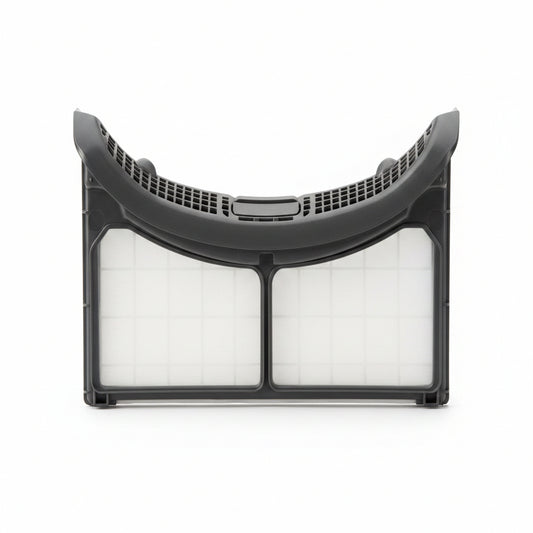 Air filter with black frame and white pleated material on a grid background