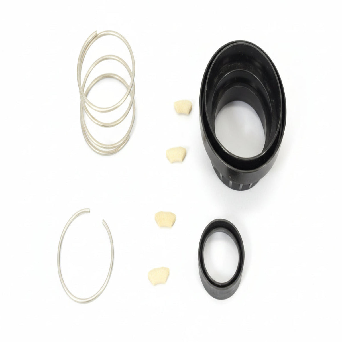 Set of mechanical parts including a black seal, gaskets, and washers on a blue background with 'Factory Certified Parts' text.