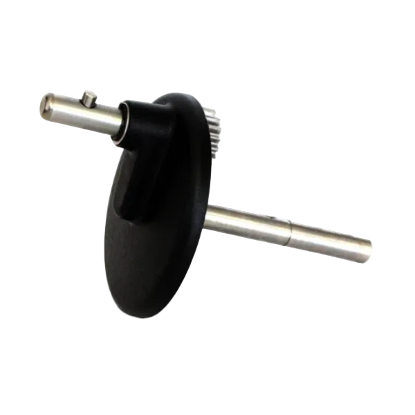 A metal and black plastic mechanical component, featuring a silver-toned shaft, a black circular plate, and a small gear, isolated on a white background.