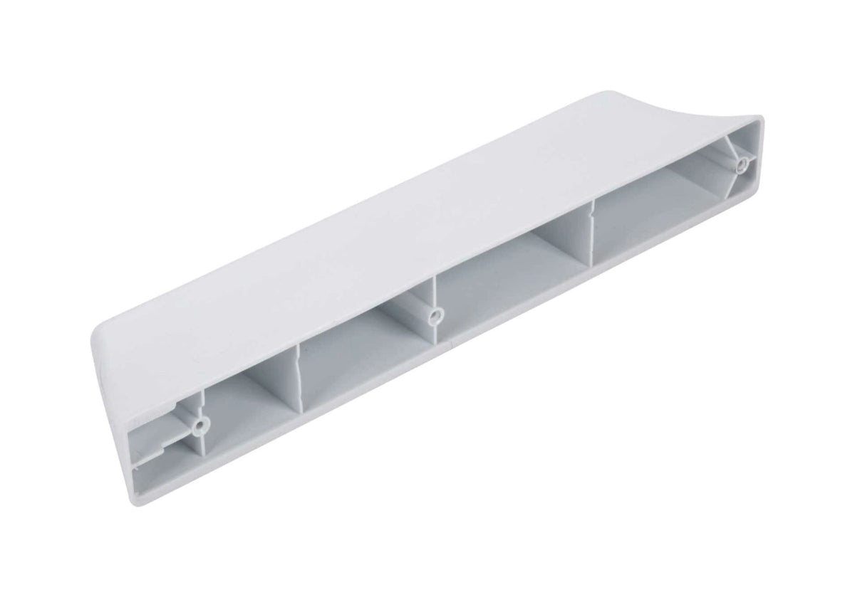 White plastic shelf with multiple compartments on a white background