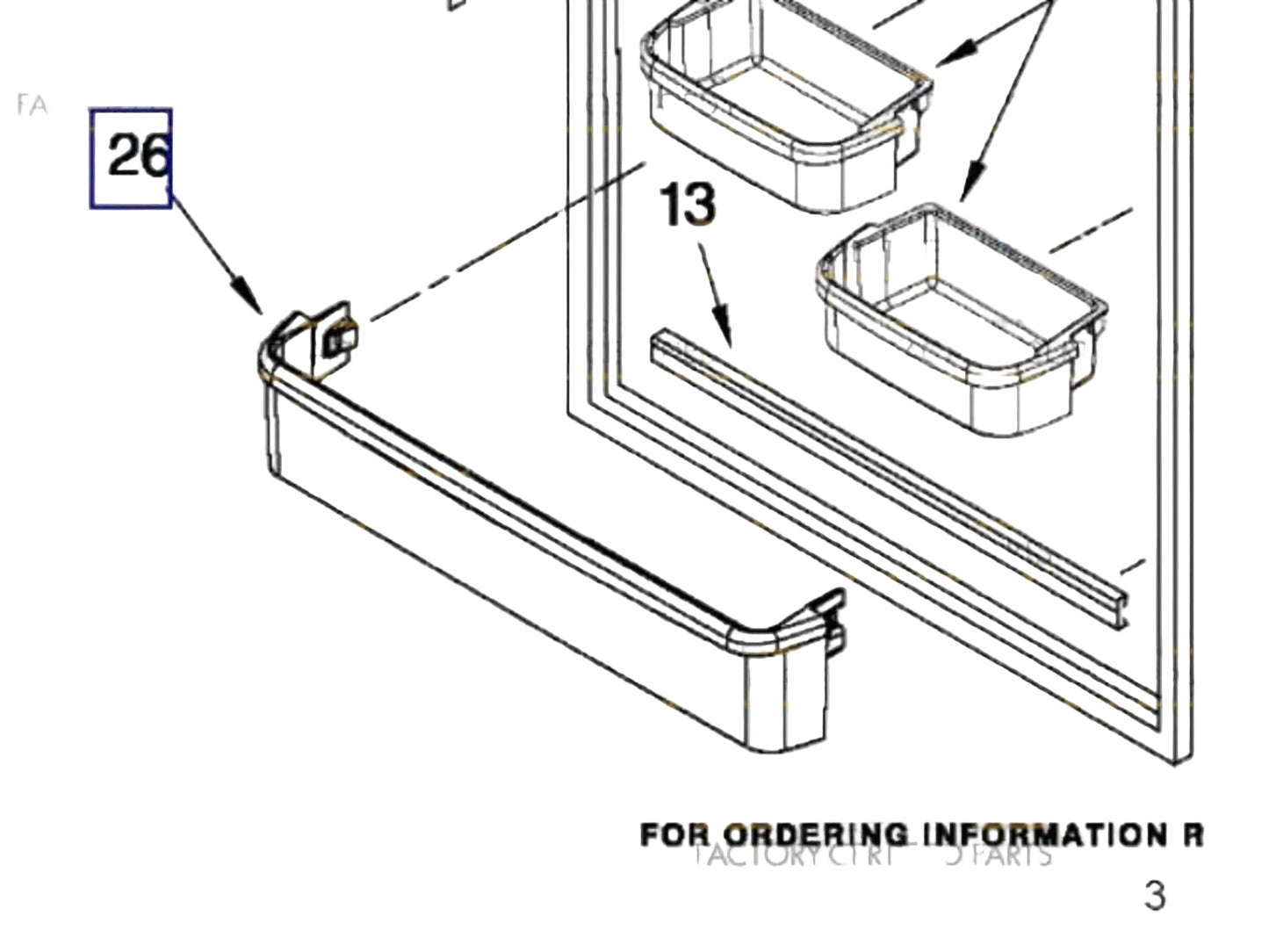 Technical diagram of a kitchen cabinet component with parts labeled and ordering information.