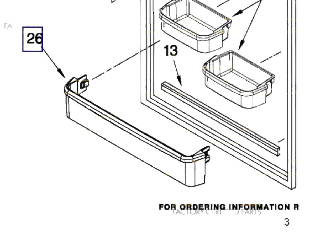 Technical diagram of a kitchen cabinet component with parts labeled and ordering information.