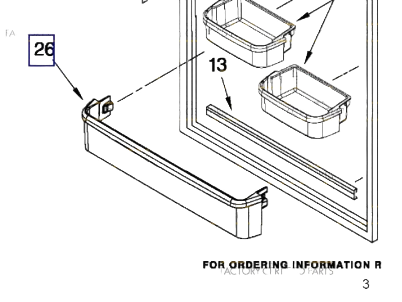 Technical diagram of a kitchen cabinet component with parts labeled and ordering information.