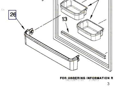Technical diagram of a kitchen cabinet component with parts labeled and ordering information.