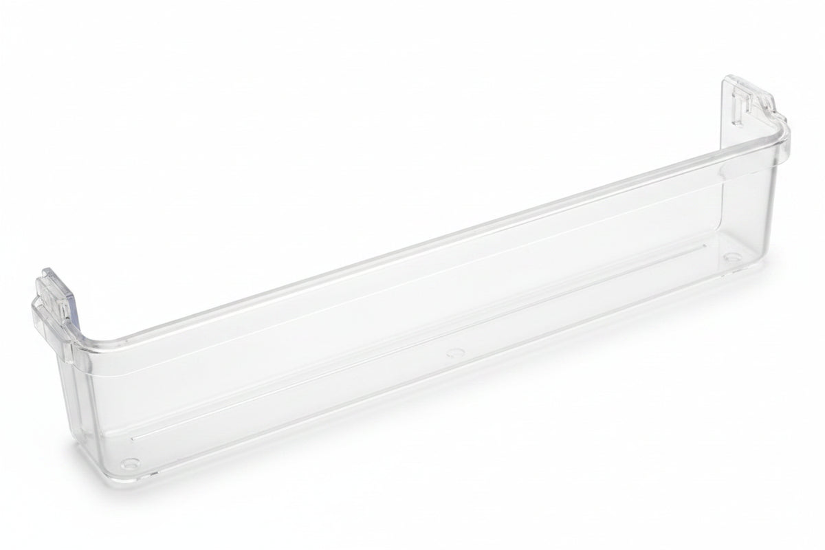 A clear plastic shelf liner or door bin insert shown on a plain light gray background.