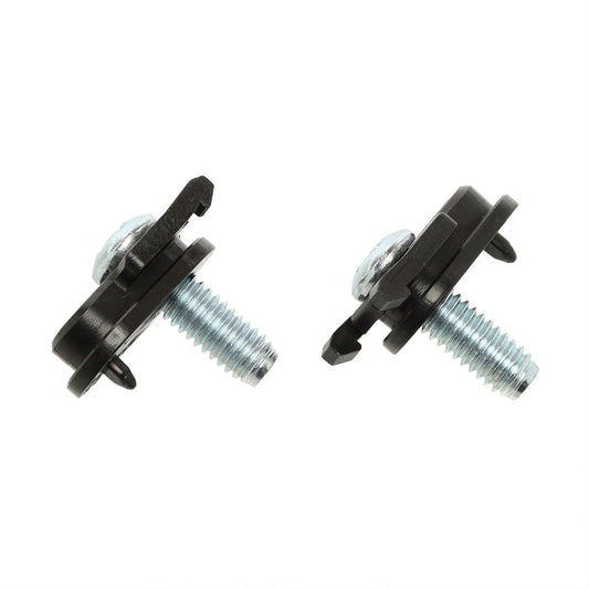 Two black plastic fasteners with metal screws on a white background