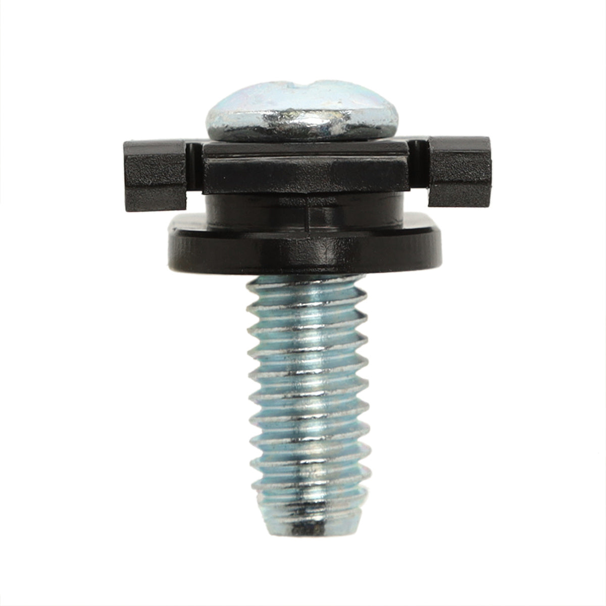 Metal screw with black plastic head on a white background