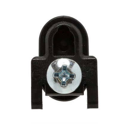 Black plastic clip with a metal screw on a white background
