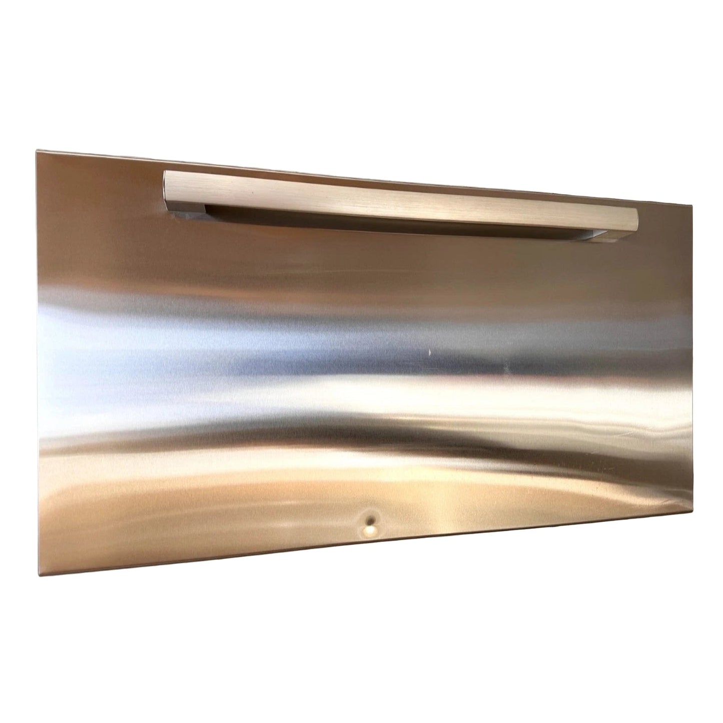 Stainless steel refrigerator door against a white wall