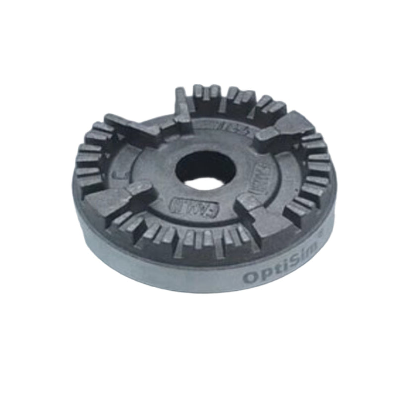 Metal component with 'OptiSine' branding on a grid background