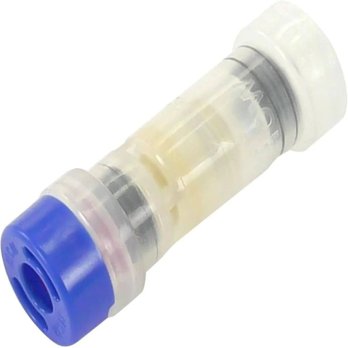 Clear plastic tube with blue cap on a white background