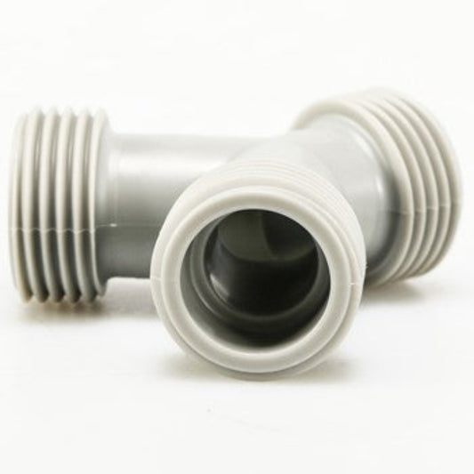 A light gray plastic T-shaped pipe fitting with one male threaded end and two female threaded ends, shown on a white background.